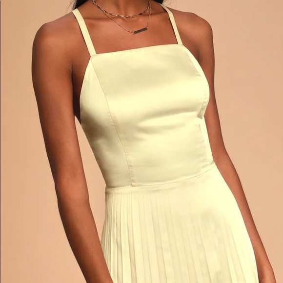 Lulus Champagne Satin Pleated Dress Small - Picture 3 of 5